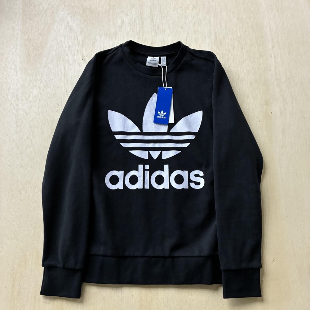 Adidas Sweatshirt Youth Large 13-14 Black Trefoil Crewneck Fleece Pullover